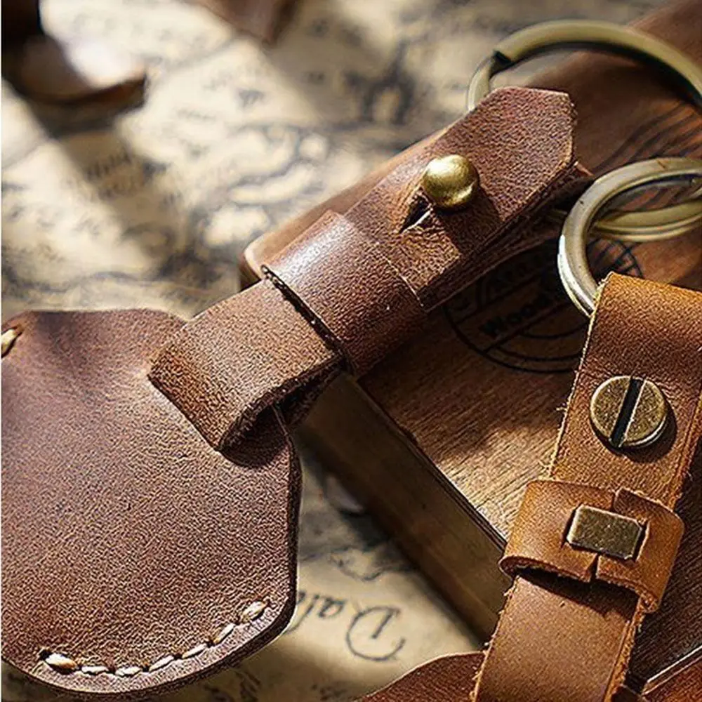 Gantungan kunci Vintage kulit asli, gantungan kunci Vintage kulit asli, penutup casing kunci Universal pencegahan hilang