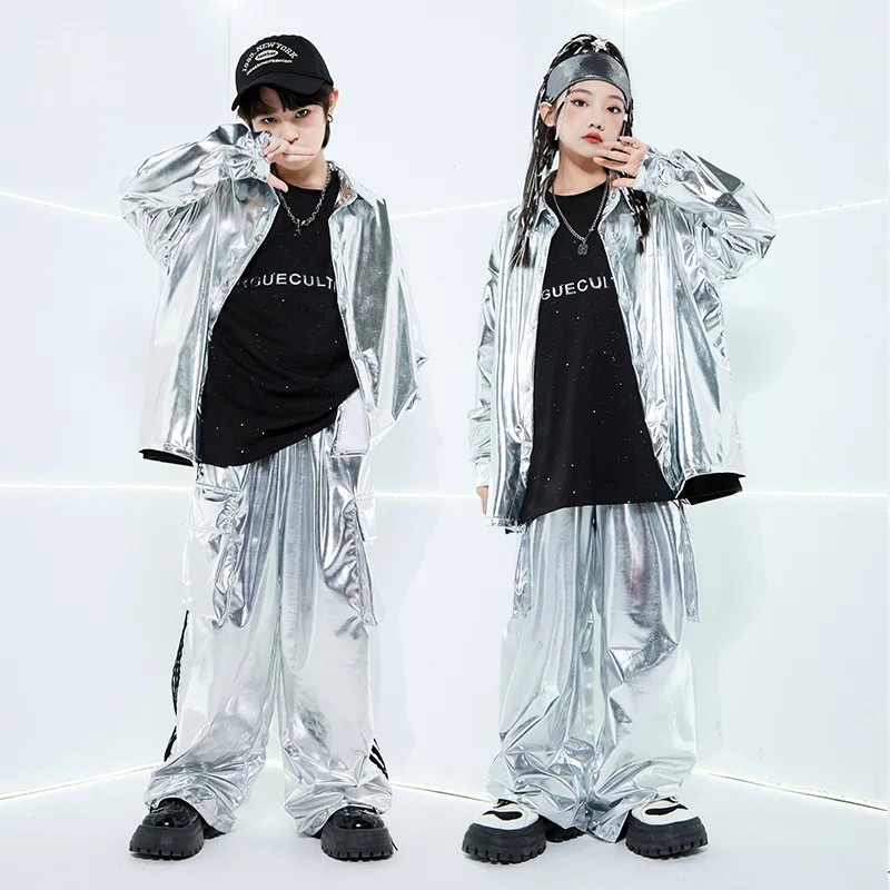 Boys Hip Hop Cool Silver Jacket Street Dance Pants Girls K-pop Clothes Sets Group Fashion Loose Jazz Shiny Streetwear Costume