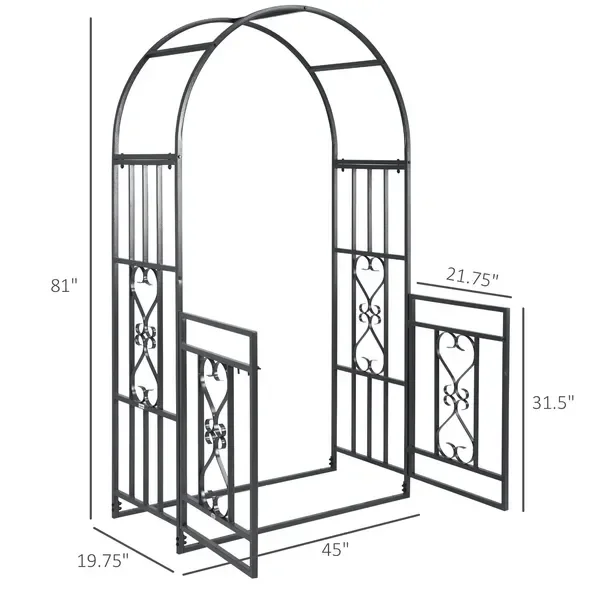

81' Metal Garden Arbor with Double Doors, Locking Gate, ClimVinwith Heart Motifs, Arch for Wedding