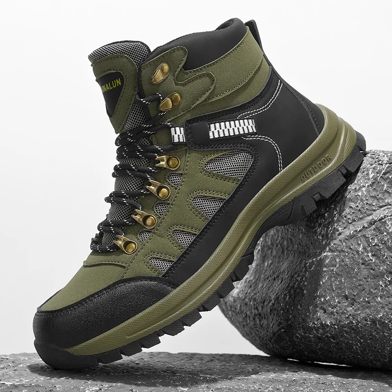 

Men's High-Top Fashion Hiking Boots - Comfortable & Durable with Non-Slip PVC Sole, Lace-Up Closure, Green & Black Pattern for O