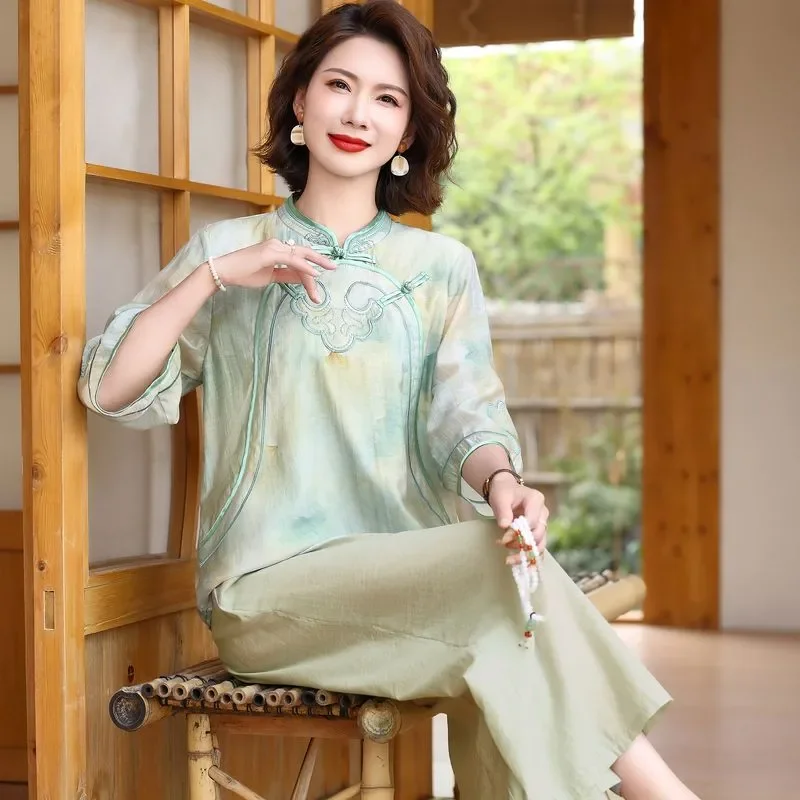 

Women New Chinese Style Embroidered Three Quarter Sleeve Top Wide Leg Pants 2 Piece Set