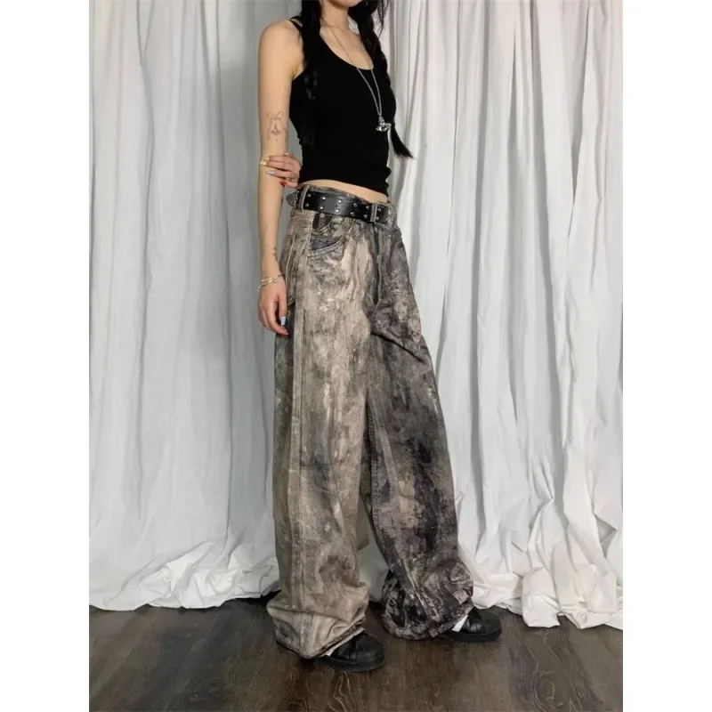 Women's Asymmetric Dirt Staining Unisex Pants Wide Legs Jeans Young Girl Street Bottoms Female High Waisted Denim Trousers