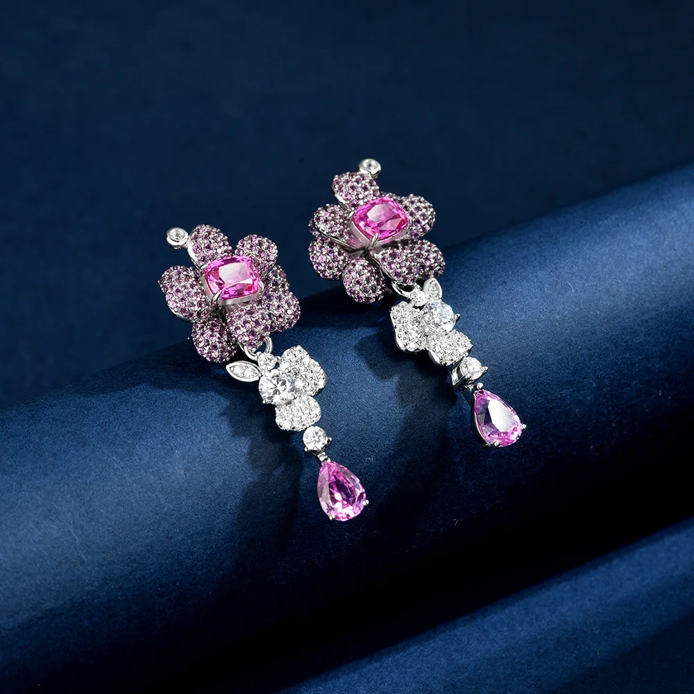 

New S925 Silver 5 * 7 Water Drop 1ct Color Red+Purple Blue Treasure Color Match Can Wear Two Earrings Wedding Jewelry