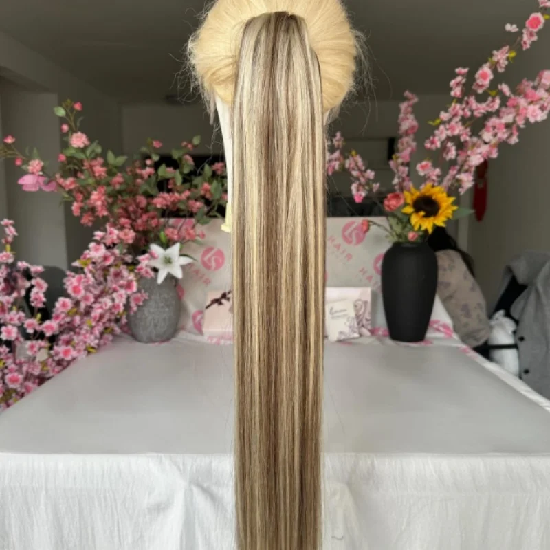 22 بوصة الاصطناعية ذيل حصان الشعر التمديد طويل مستقيم مخلب كليب ذيل حصان مقاومة للحرارة موجة طبيعية للنساء شقراء هيربيسي