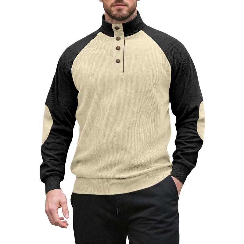 Spring Autumn Outdoor Style Corduroy Long Sleeve Hoodie Men Casual Button Up Sports Stand Collar Patchwork Sweatshirt Pullover