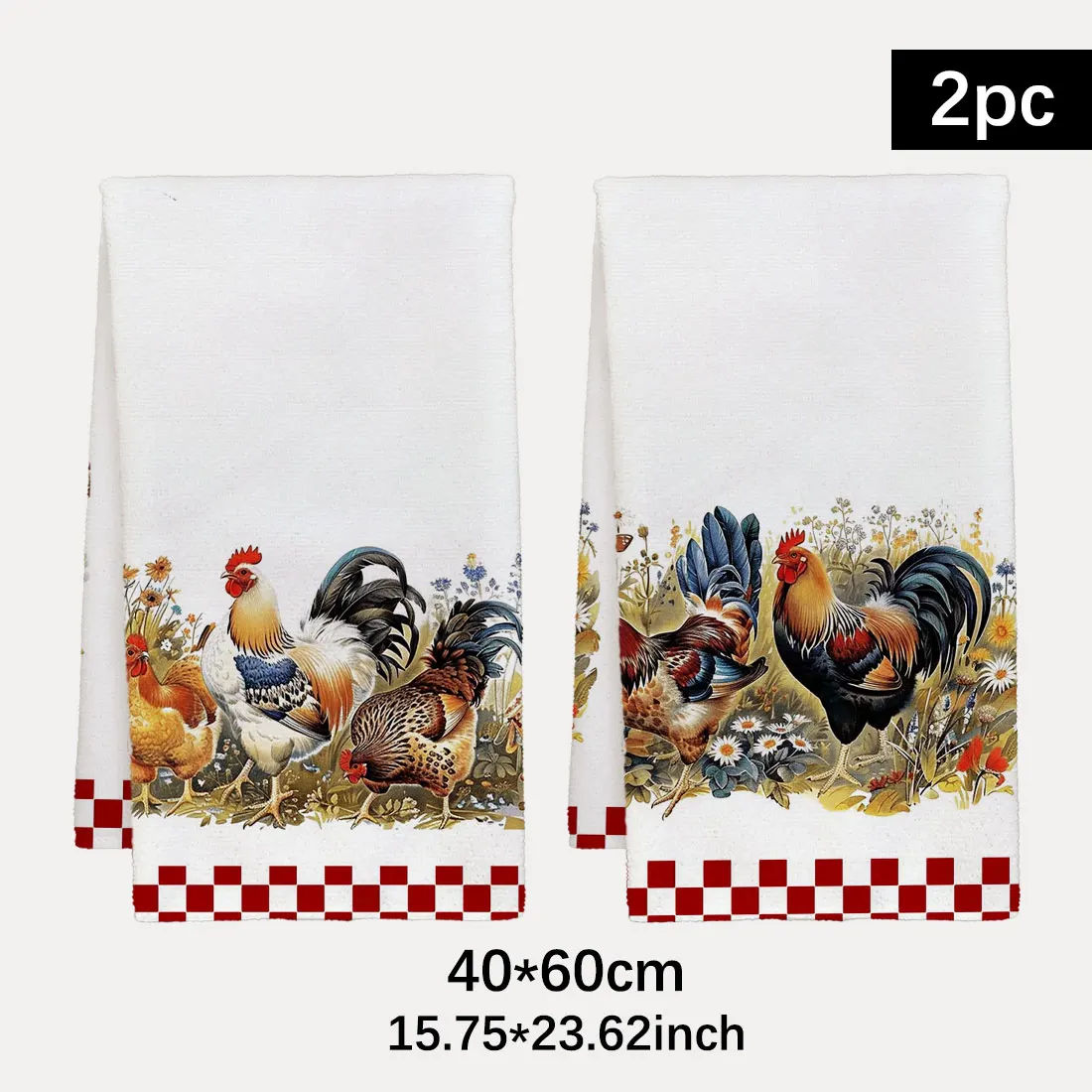 2PC kitchen towel with red and white checkered chicken pattern,ultra-fine fiber kitchen towel,absorbent kitchen towel,farm style