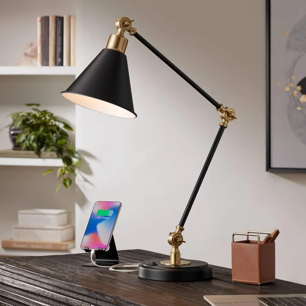 

Wray Modern Adjustable Desk Lamp 26 3/4" High with USB Charging Port Painted Black Brass Metal Cone Shade for Livin