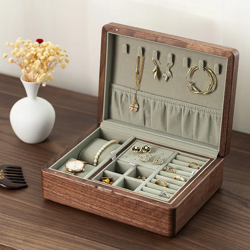 Flannelette Jewelry Storage Box double-deck magnet Luxurious Black Walnut Vintage Necklace Earrings Portable Pure Wood ornament