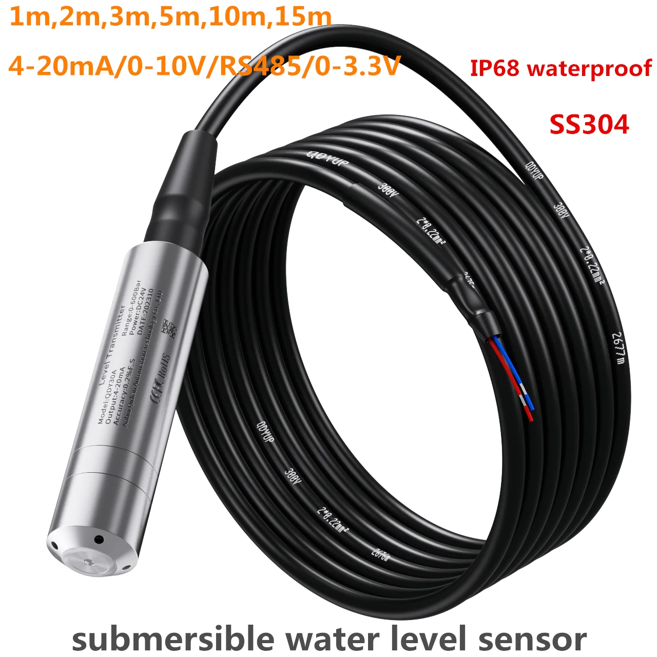 Hydrostatic Water Level Sensor 3m 5m 10m Water Level Transducer 4-20mA 0-10V RS485  for Tank Well