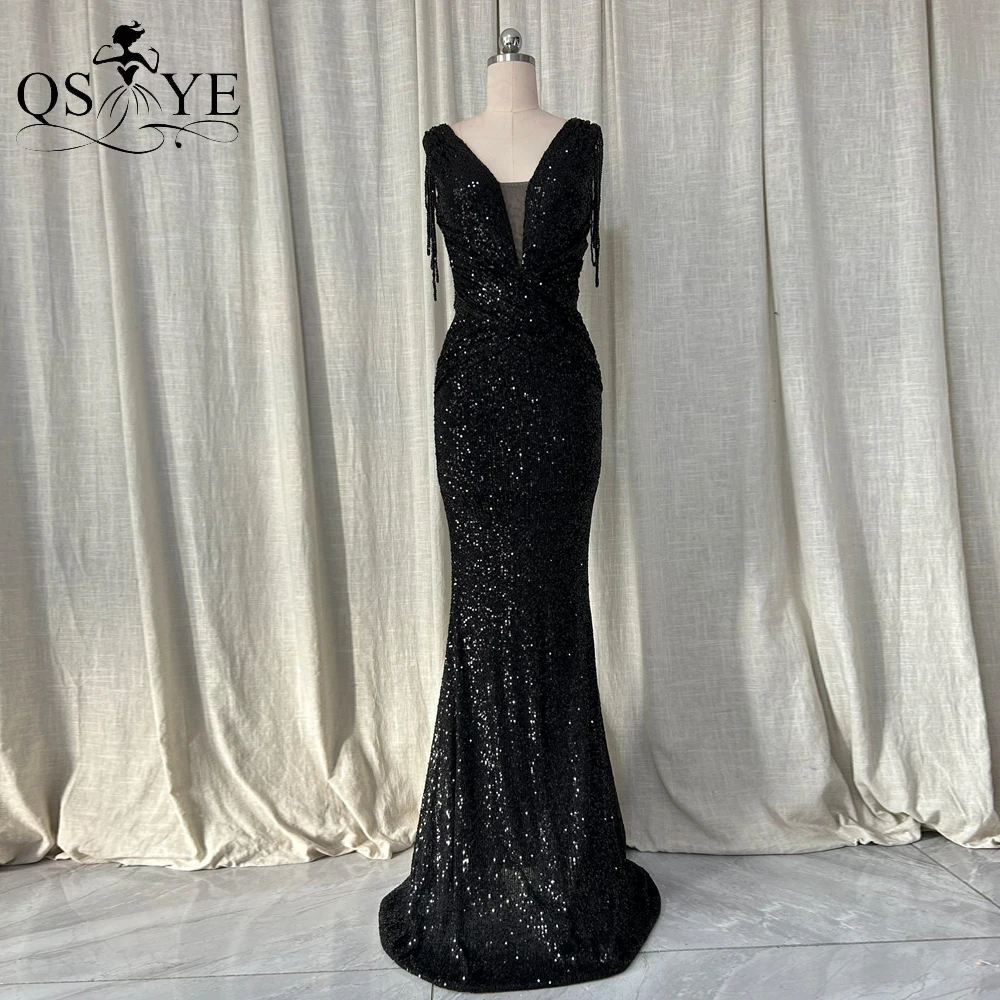 

Black Sequin Long Prom Dresses Beading Straps V Neck Mermaid Evening Gown Ruched Crisscross Waist Black Dress Formal Party Gown