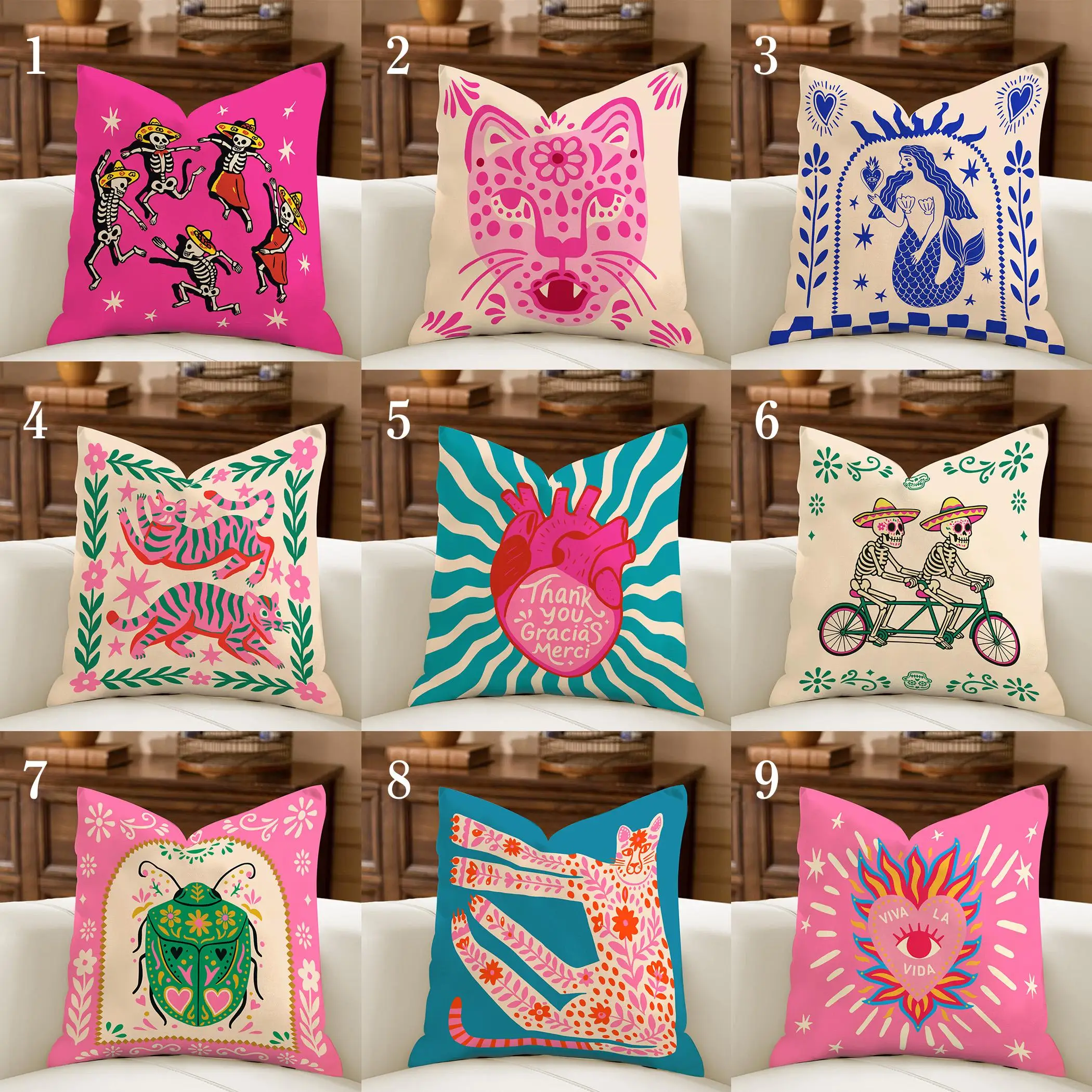 1pc Mexican Folk Art Viva La Vida Heart Throw Pillow Cover 2D Double-Side Print Polyester Cushion Case for Home Bedroom Holiday