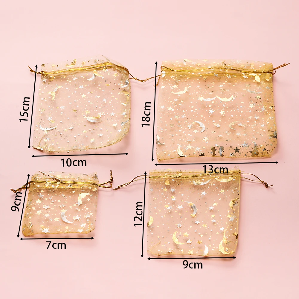 50pcs 7x9/9x12/11x16/13x18cm Printing Star Moon Christmas Organza Sack Drawstring Charm Packaging Bags Daily Jewelry Storage