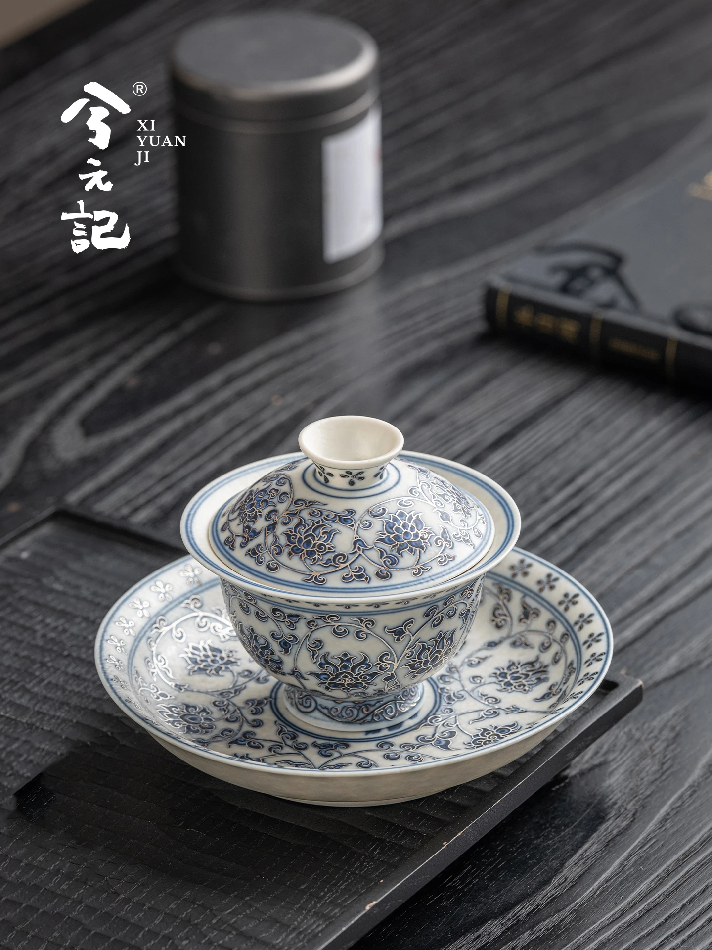 Blue and White Drawing Silver Sancai Gaiwan Tea Cup Single High-End Interlock Branch Brewing Bowl Three-Piece Set with Lid