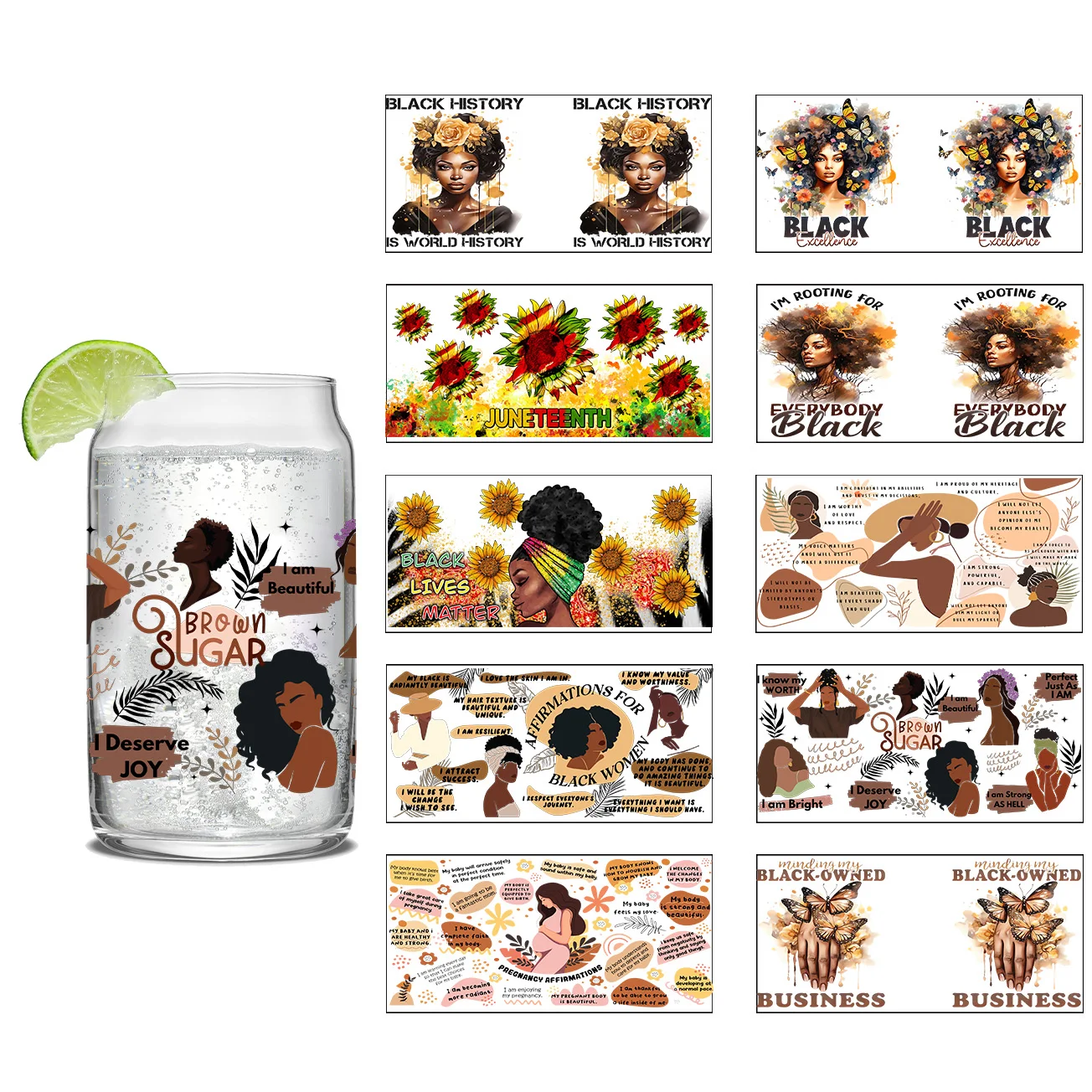 Autocollant de transfert d'Affermations de l'histoire des noirs, enveloppes de tasse, autocollant 3D en verre Libbey, enveloppe de tasse UV DTF pour verre Libbey de 16oz