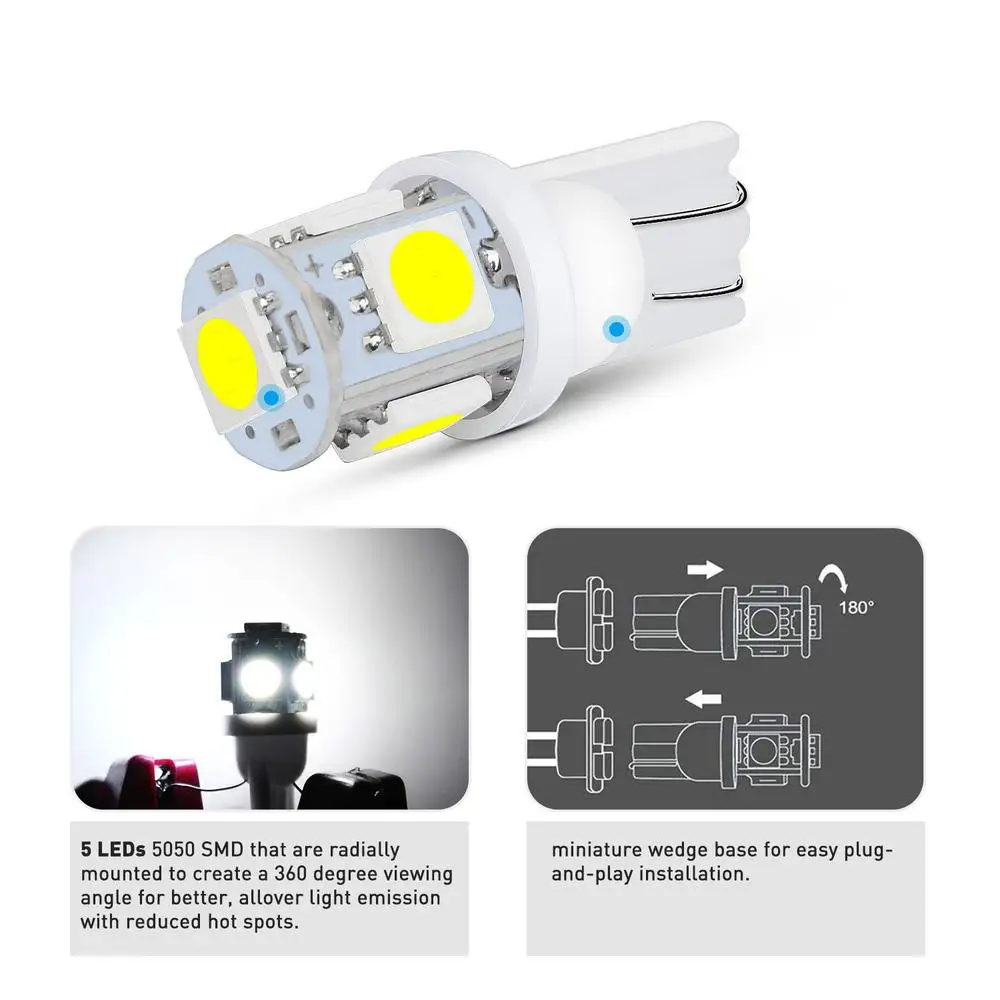 MALIBUs-Luz LED de paisaje, Base de cuñas, blanco frío, 12V DC, 1407ww, 10 piezas, 5 LED/smd por bombilla, 194 T10