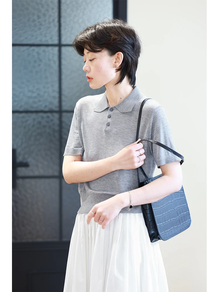 

Lightweight Breathable ort Sve T-irt Women's Slim Collar Knitted Top Vintage Sle Casual Wear Polyester Fiber