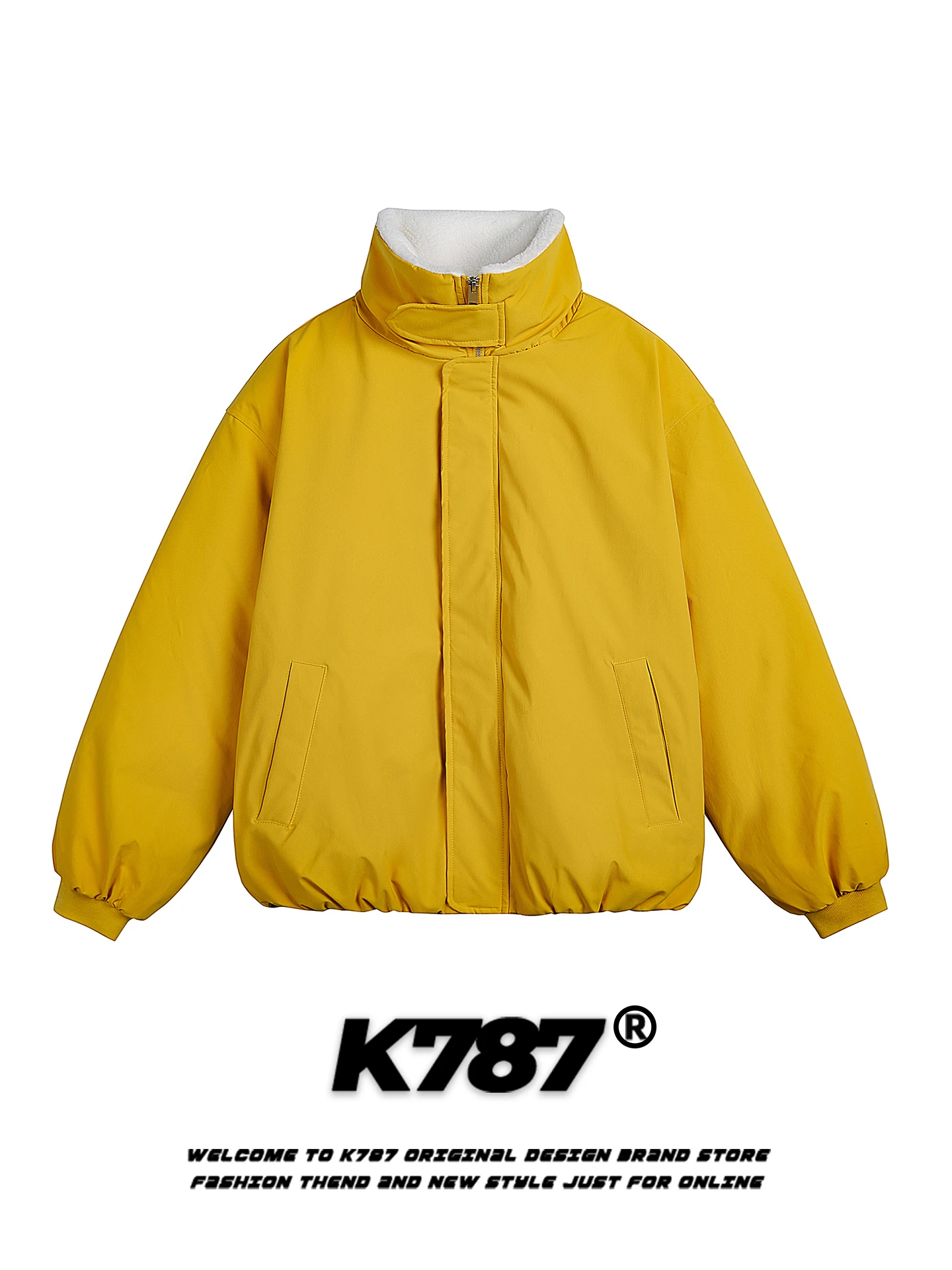 

K787 American Retro Lamb Fur Patchwork Stand Collar Thiened Warm Cotton Jaet Men's Winter Outerwear Pure Color Coat