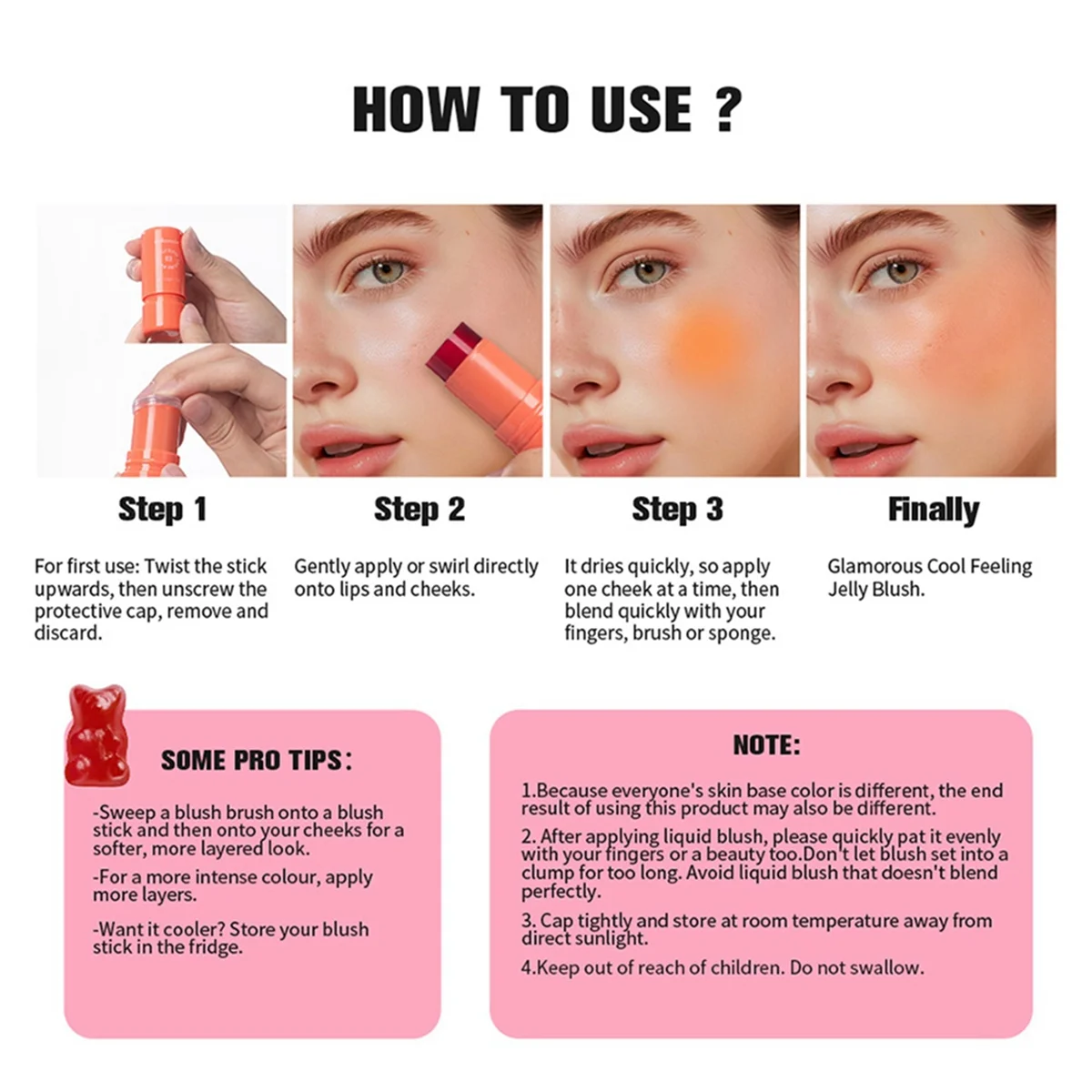 Lakerain Fruit Jelly Blush, Jelly Cheek Blush Lip Cheek Lip Tint Langdurige gehydrateerde gezichtscontourmake-up 4-bessen