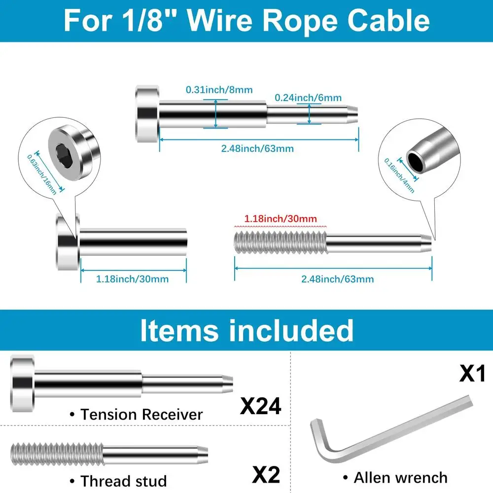 Paquete de 24 Kit de barandilla de Cable Invisible SST316, Terminal tensor de Swage, Hardware oculto, Cable de 1/8 ", Material de grado marino fácil