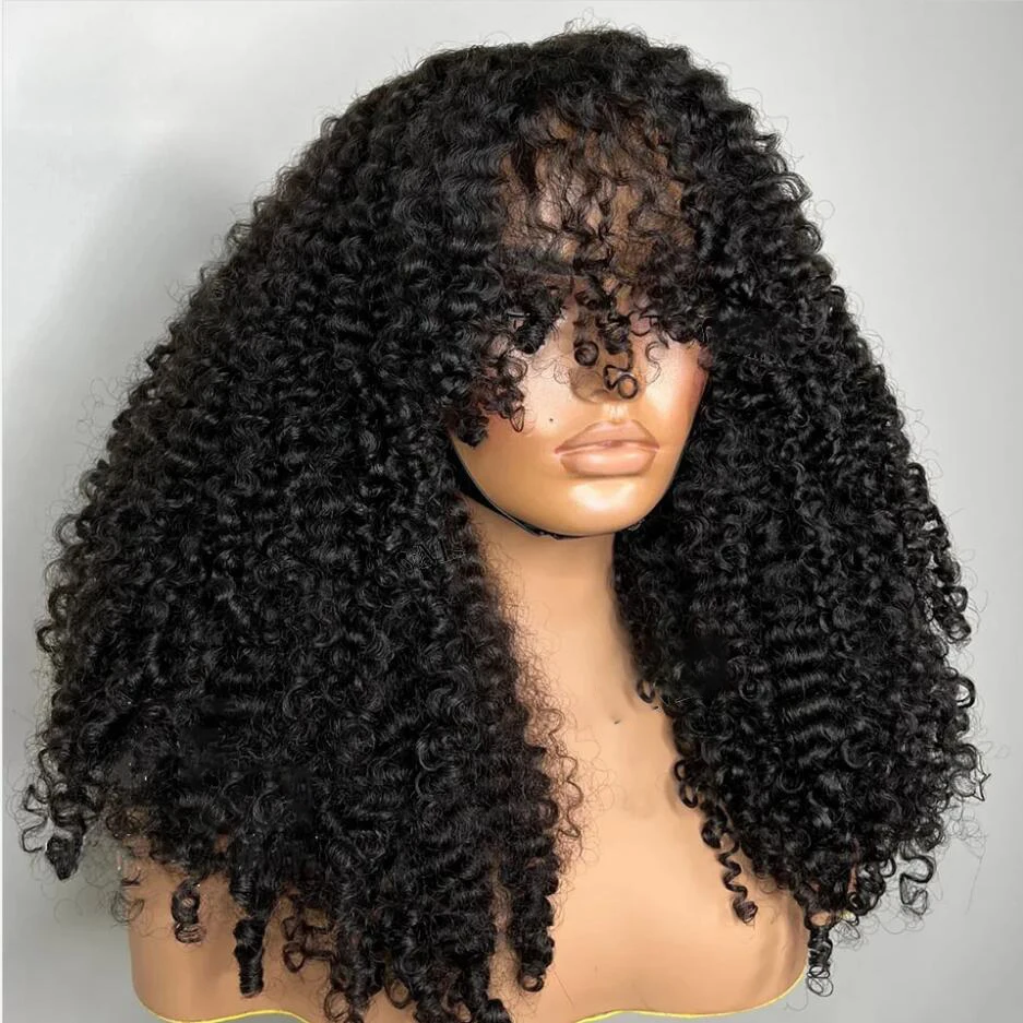 

Naural Black Long 180Density 26“ Soft Glueless Kinky Curly Machine Wig with Bangs For Women BabyHair Preplucked Heat Resistant