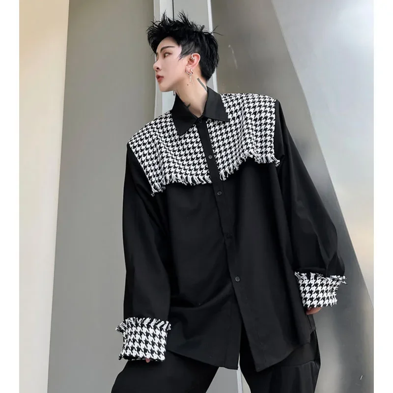 

Plaid Splice Shirt Men Korean Streetwear Loose Casual Houndstooth Long Sleeve Shirts Blouses Party Stage Show Clothing