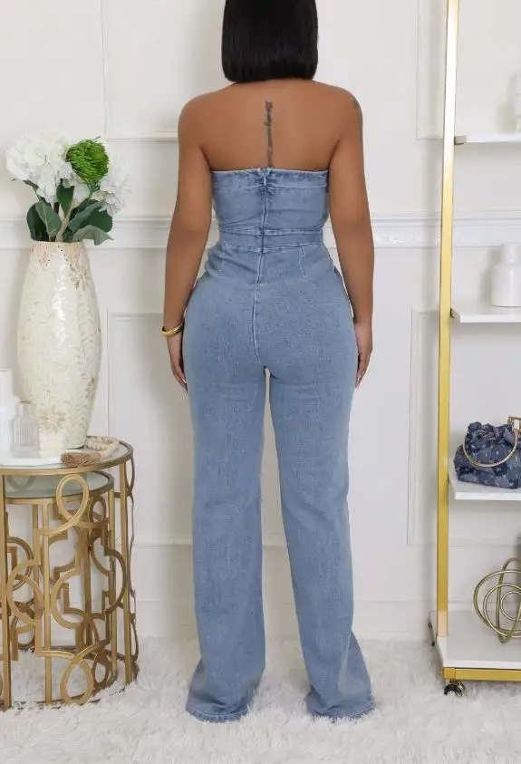 

Summer New Light Blue Metal Button Decoration Strapless Jumpsuit Women's Fashionable Temperament Sexy Slim Fit Denim Jumpsuit