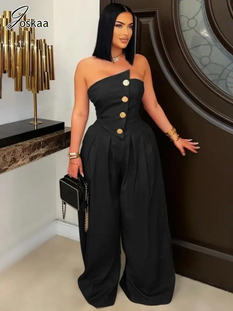 

Joskaa Elegant Strapless Metal Button Wide Leg Jumpsuits Women Hipster Party Club One Piece Rompers 2025 Harajuku Streetwear