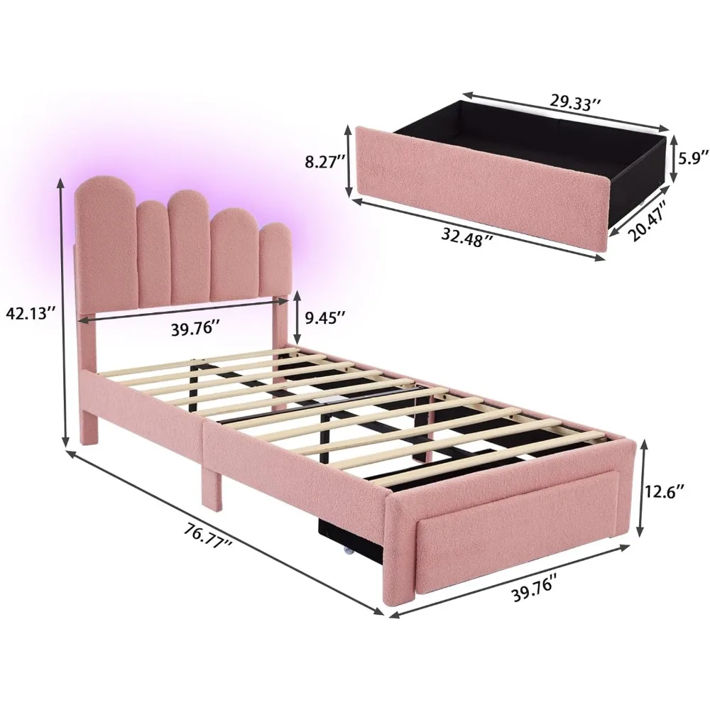 LED Twin Size Bed Frames - Boucle Upholstered Twin Bed Frame with Adjustable Headboard, Pink Platform Bed with Storage Drawer