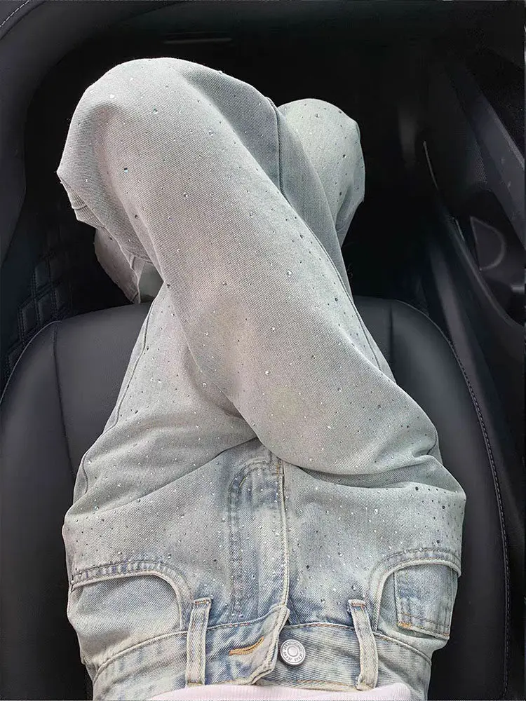 Pink Shiny Diamond Wide Leg Jeans 2024 New Autumn Women's High Waisted Straight Leg Pants Fashion Charming Cool Girl Wear Trend