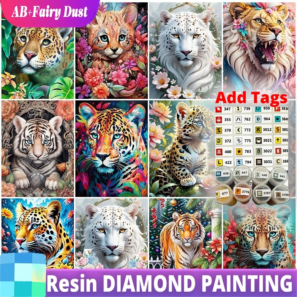 

Resin AB Fairy Dust Diamond Painting Tiger Animal Full Square Round Leopard Mosaic Lion New Arrival Embroidery Flower Home Decor