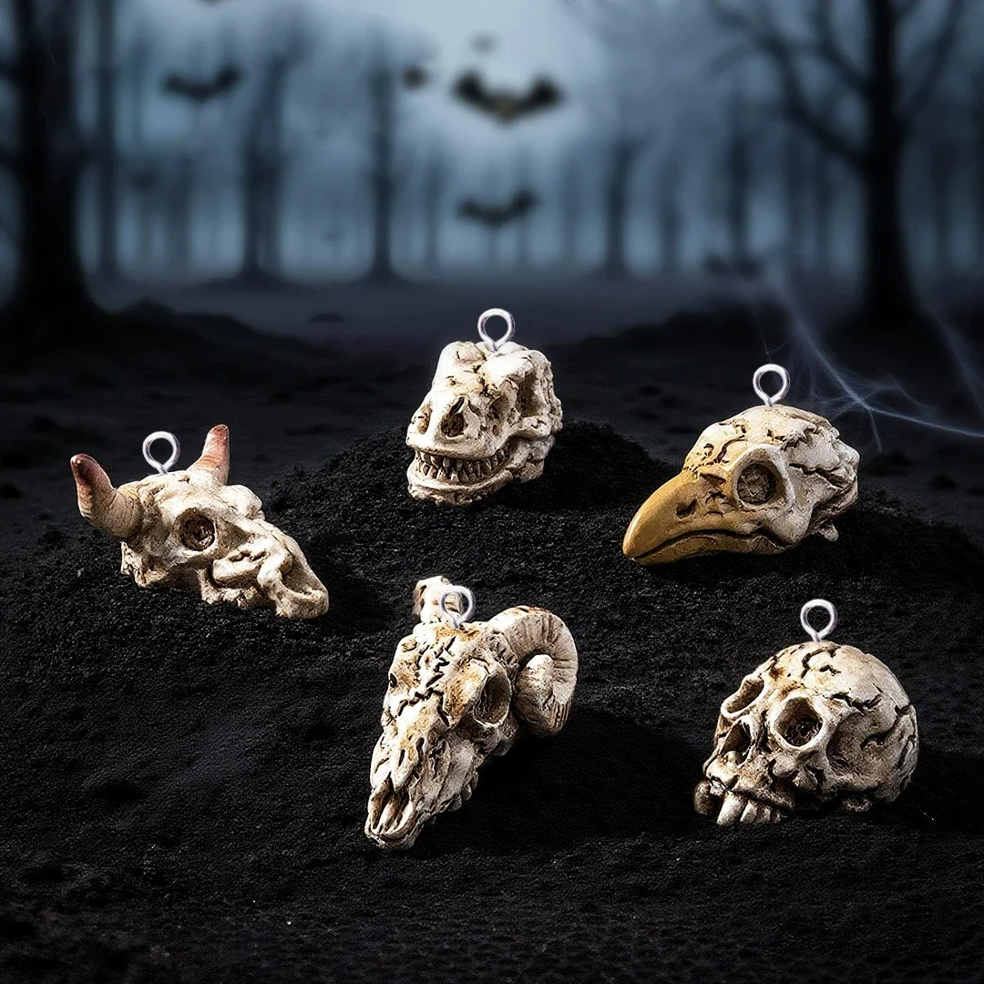 10Pcs Vintage Style Cow Crow Head Pendant for Jewelry Making Findings Resin Animals Skull Skeleton Charms For Earrings