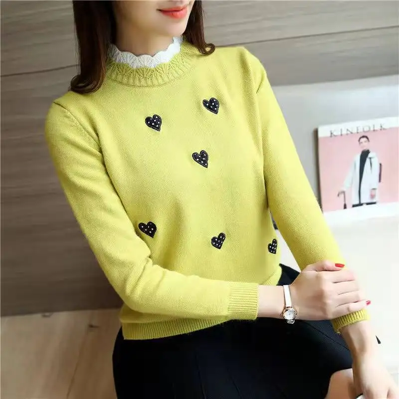 Women Autumn Winter Korean Fashion Embroidered Patchwork Mock Neck Long Sleeve Knitwear Ladies Casual All-match Temperament Tops