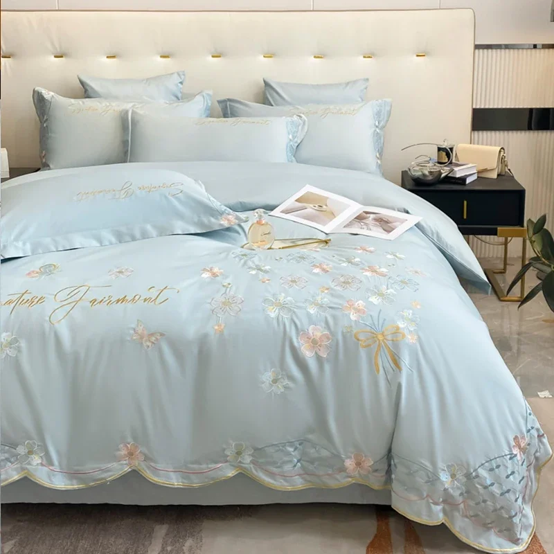 Light luxury ice silk four-piece set, summer silky smooth naked sleeping tencel bed sheet quilt cover, princess style embroidery