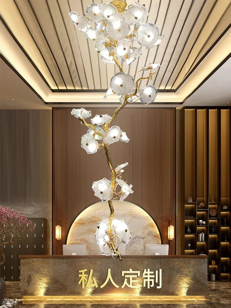 Double stair lamp rotating lift light luxury high-end chandelier all copper new Chinese villa living room long chandelier