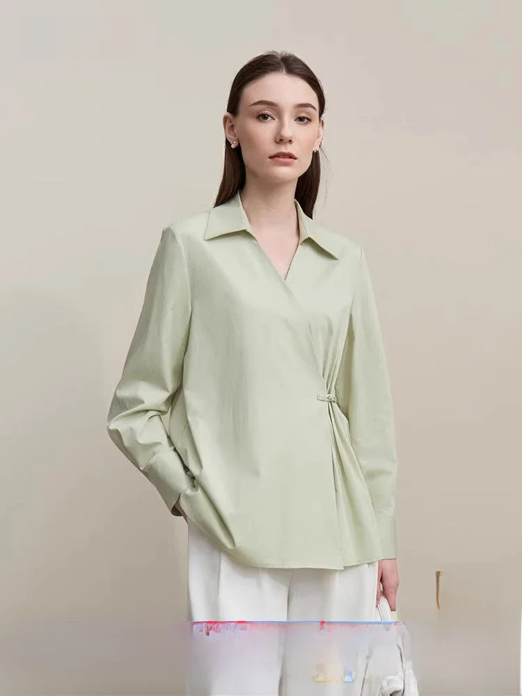 

Удобный хлопковый китайский топ Sle irt, женский модный весенний новый топ с отложным воротником и пуговицами