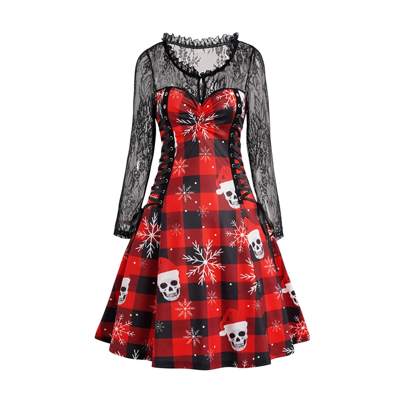 Dressfo 2024 Frauen schnüren Mini Weihnachts kleid Schneeflocke Schädel Plaid transparente Spitze Langarm Kleid rote Kleider Vestidos