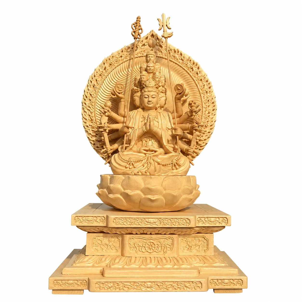 Hand Carved Hinoki Wood Eleven Faced Thousand Armed Bodhisattva Statue for Traditional Chinese Buddhist Temple Home Decor Gift