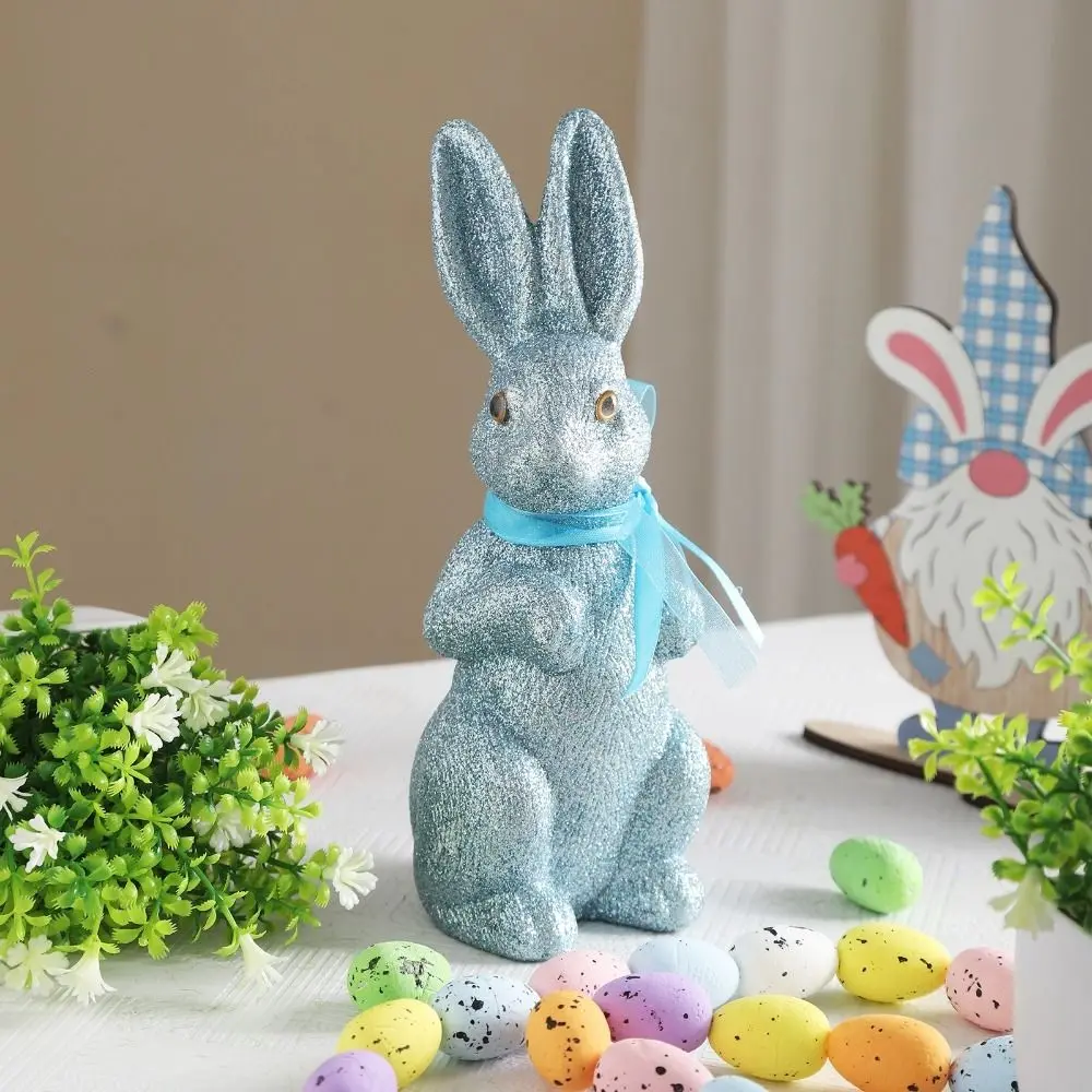 Simulated Easter Bunny Figurine Cute Decorative Glitter Bunny Figurine Colorful with Ribbon Easter Bunny Ornament Indoor Mantel