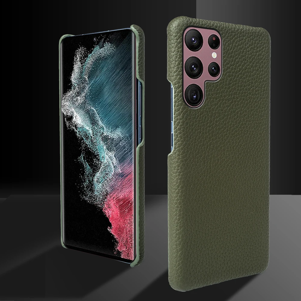 Genuine Leather Cases Litchi Grain For Samsung S23 Ultra Cowhide Hand Made For Galaxy S21Plus S22 Plus S24 Cover Coque Back Capa