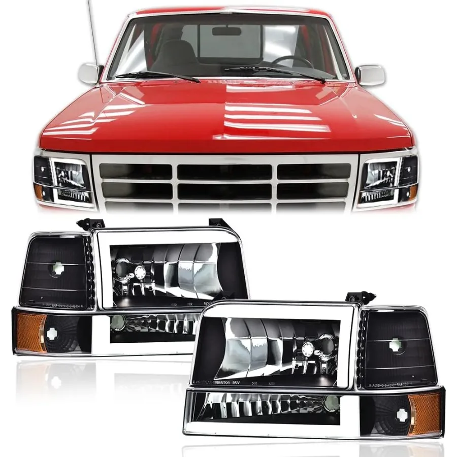 مجموعة المصابيح الأمامية LED DRL للمصابيح الأمامية الأمامية مع إشارة الزاوية لسيارة Ford F150 Bronco F250 F350 19921997 المركبات Clear Le #2