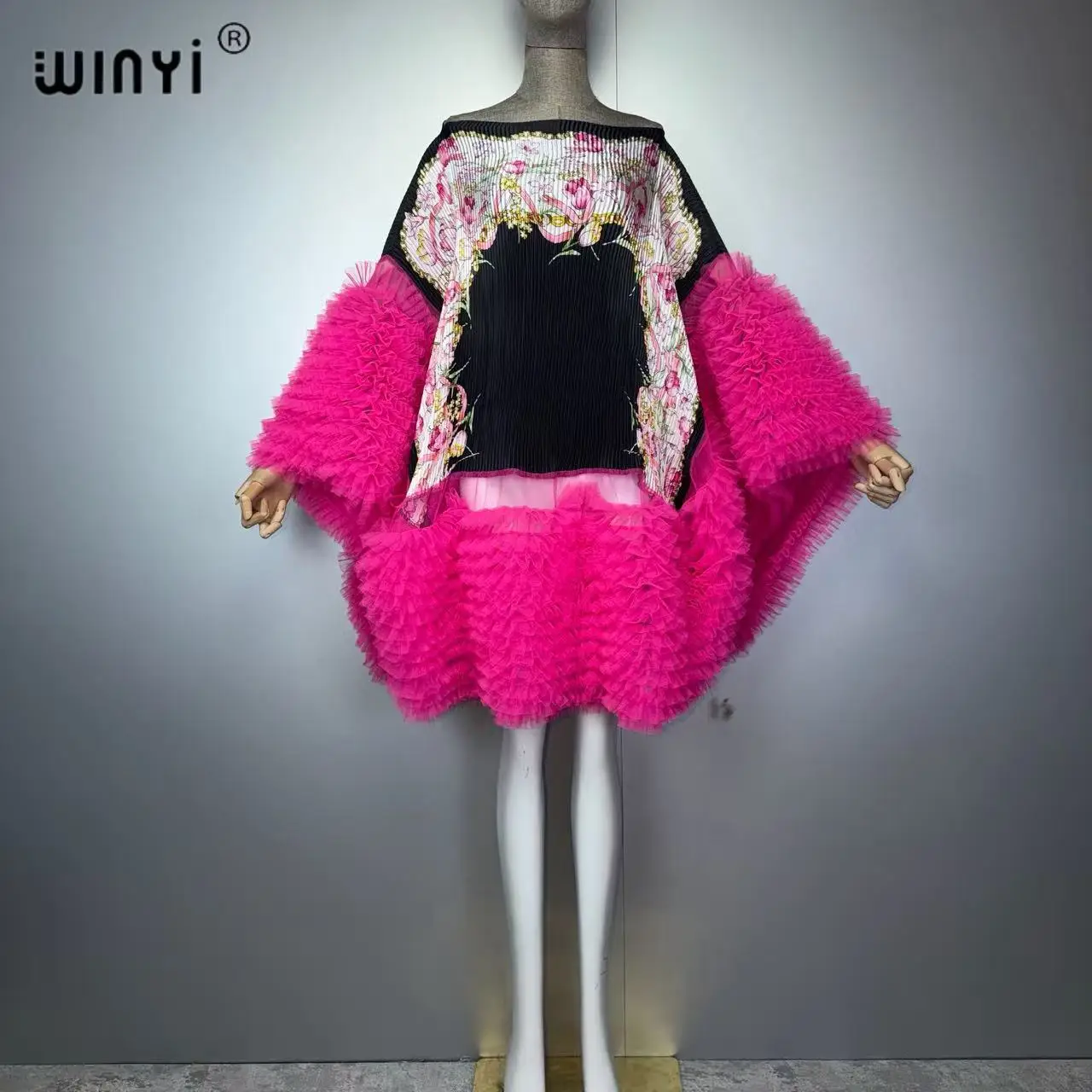 WINYI Women's Pleated Maxi Party Dress Loose Fit Boho Evening Gown Crumple Design Poncho Top Beach Wear Cover up Shawl