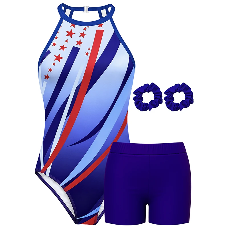 Girls Gymnastics Leotards Kids Sleeveless Halter Neck Bodysuits with Shorts and Hairband for Gymnastics performance No Diamond