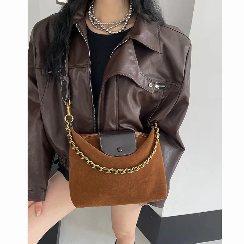 Pre-order Women Suede Tote Bag for 2024 Autumn Wholesale Frosted Cowhide Split Leather Chain Underarm Shoulder Bag Large Handbag