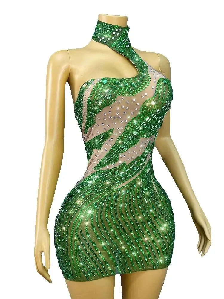 Wysokiej jakości zielona sukienka z cyrkoniami, seksowna, z odkrytymi plecami i wiązaniem na szyi, nowa kolekcja 2025, odzież damska na zamówienie.