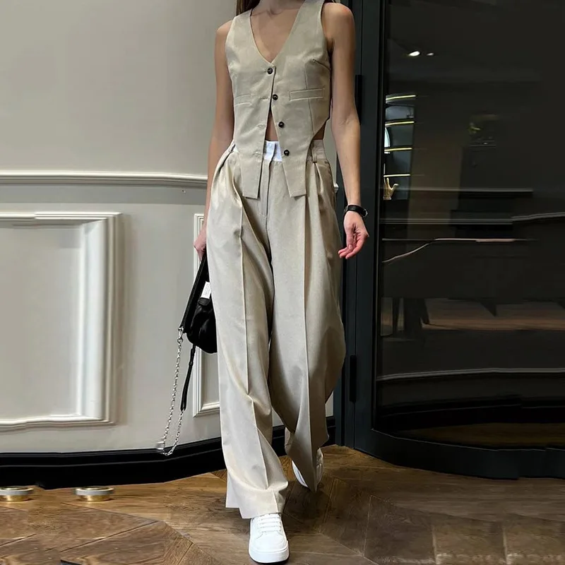 Women Two Piece Sets Pant Set Solid Casual V Neck Sleeveless Vest Tops High Waist Wide Leg Long Pants Solid Elegant Splice