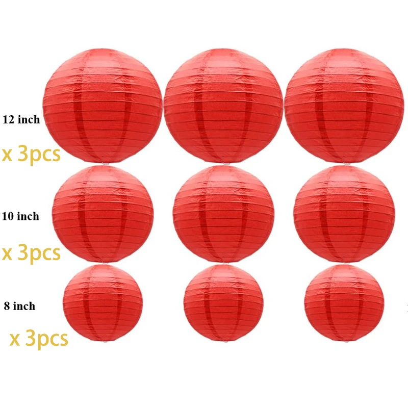 Round Hanging Paper Lanterns Decorations for Party Wedding Birthday Baby Showers Christmas Supplies, Red 12'',10'', 8'', 9 Pack