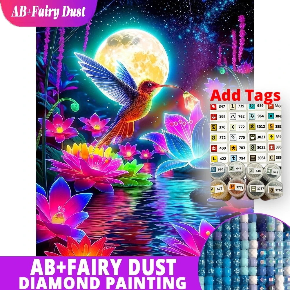 Fairy Dust AB Diamond Painting Hummingbird DIY Full Drill Embroidery Flower Moon Full Layout Mosaic Animal Home Decor Handmade G
