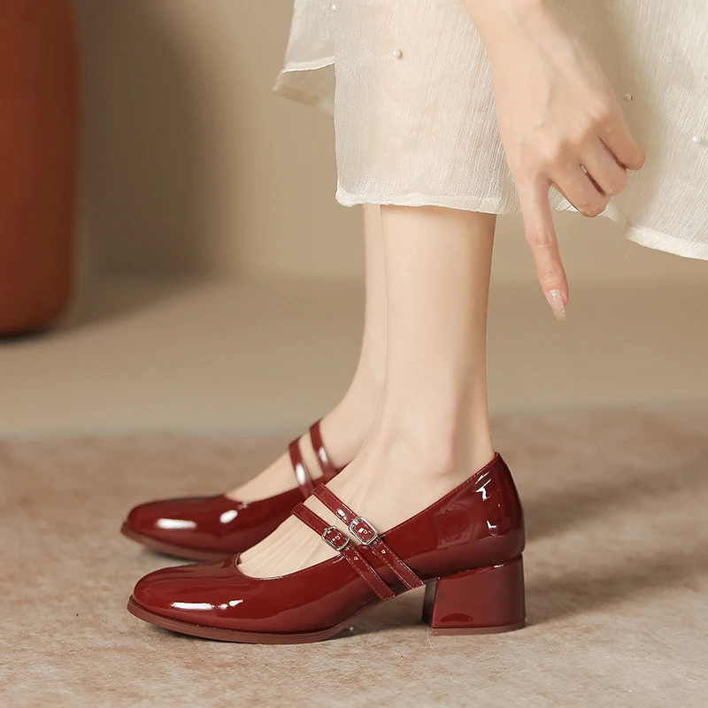 

Korean-style Mary Jane shoes for women, 2026 spring new model, soft-soled low-cut shoes for petite women, burgundy high-heeled w