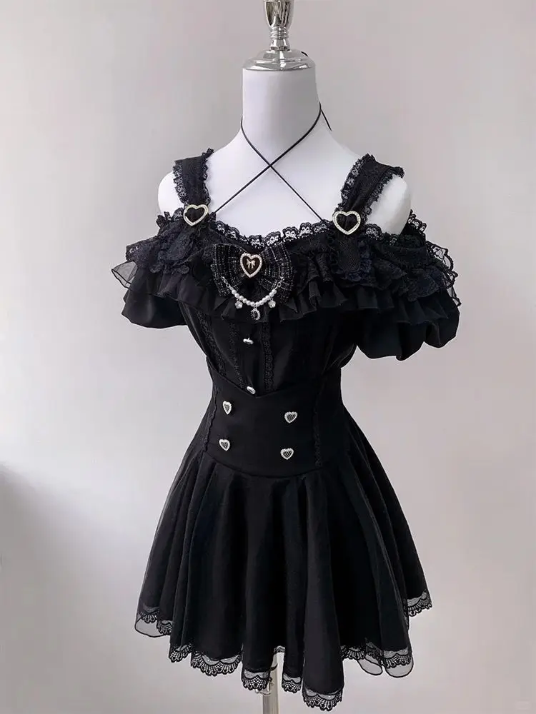 Gothic Japanese Lolita Women 2 Piece Set Lace Off Shoulder Tops + Mini Skirt Retro Female Sexy Y2k Aesthetic Design Outfits New