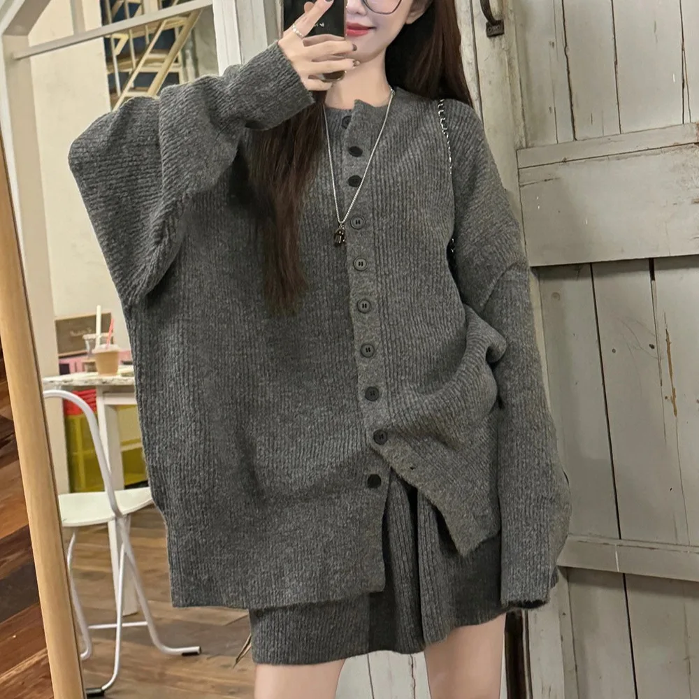 Retro Lazy Knitted Suit Women's Autumn and Winter Soft Glutinous Sweater Covers The Belly and Slimming Skirt Two-piece Set